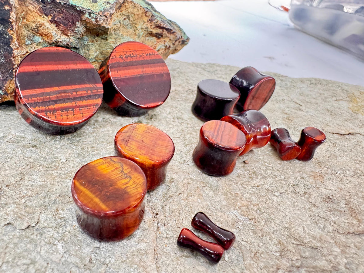 Red Tiger's Eye Stone Plugs – Double Flared Ear Gauges