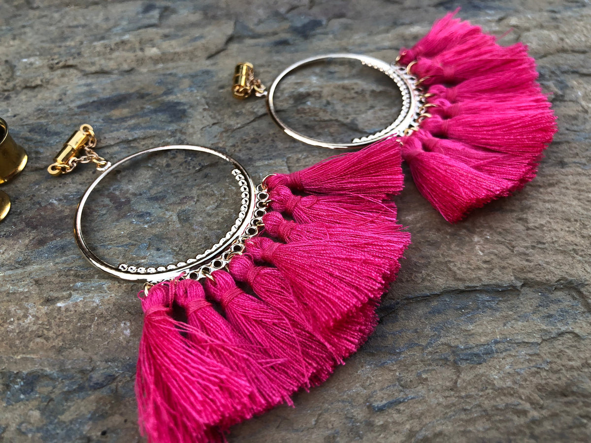 Bright Pink Tassel Magnetic Clasp Gauged Earrings