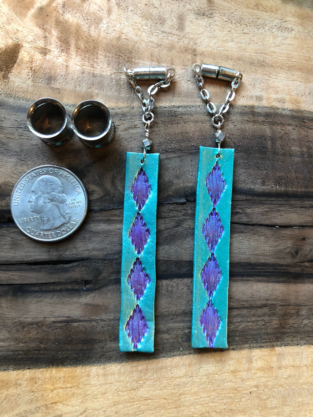 Teal Leather Feather Magnetic Clasp Gauged Earrings