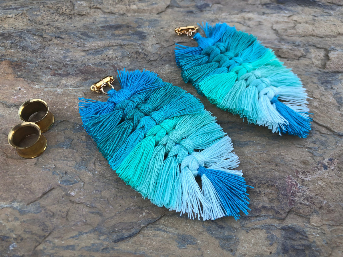 Blue Multicolor Tassel Magnetic Clasp Gauged Earrings