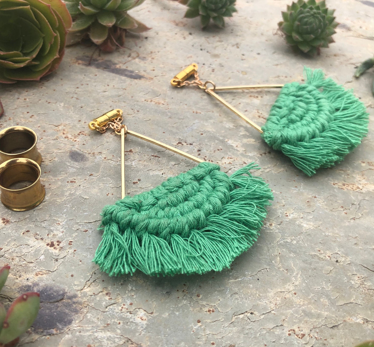 Green Macramé Tassel Magnetic Clasp Gauged Earrings