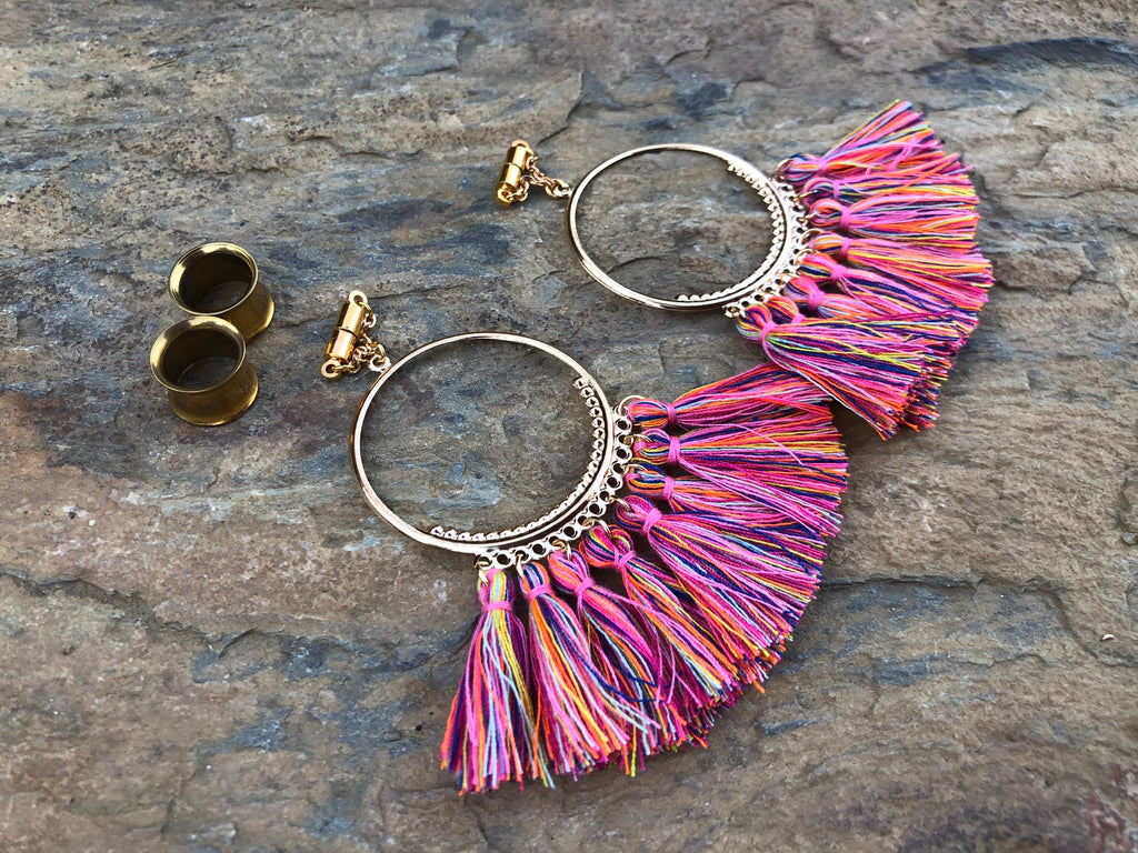 Pink Tassel Chandelier Magnetic Clasp Gauged Earrings