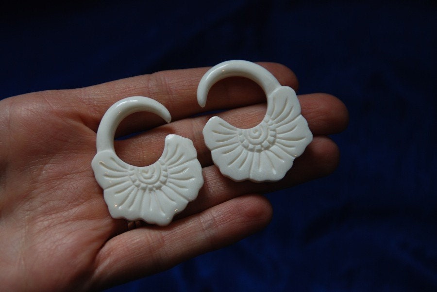 Carved Bone Flower Gauged Earrings – Ear Hangers