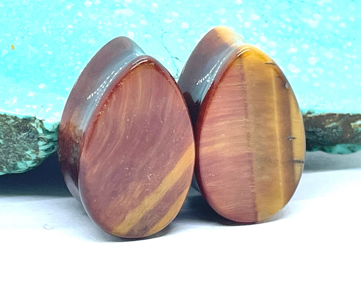 OOAK Red & Brown Tiger’s Eye Teardrop Plugs – 5/8" (16mm)