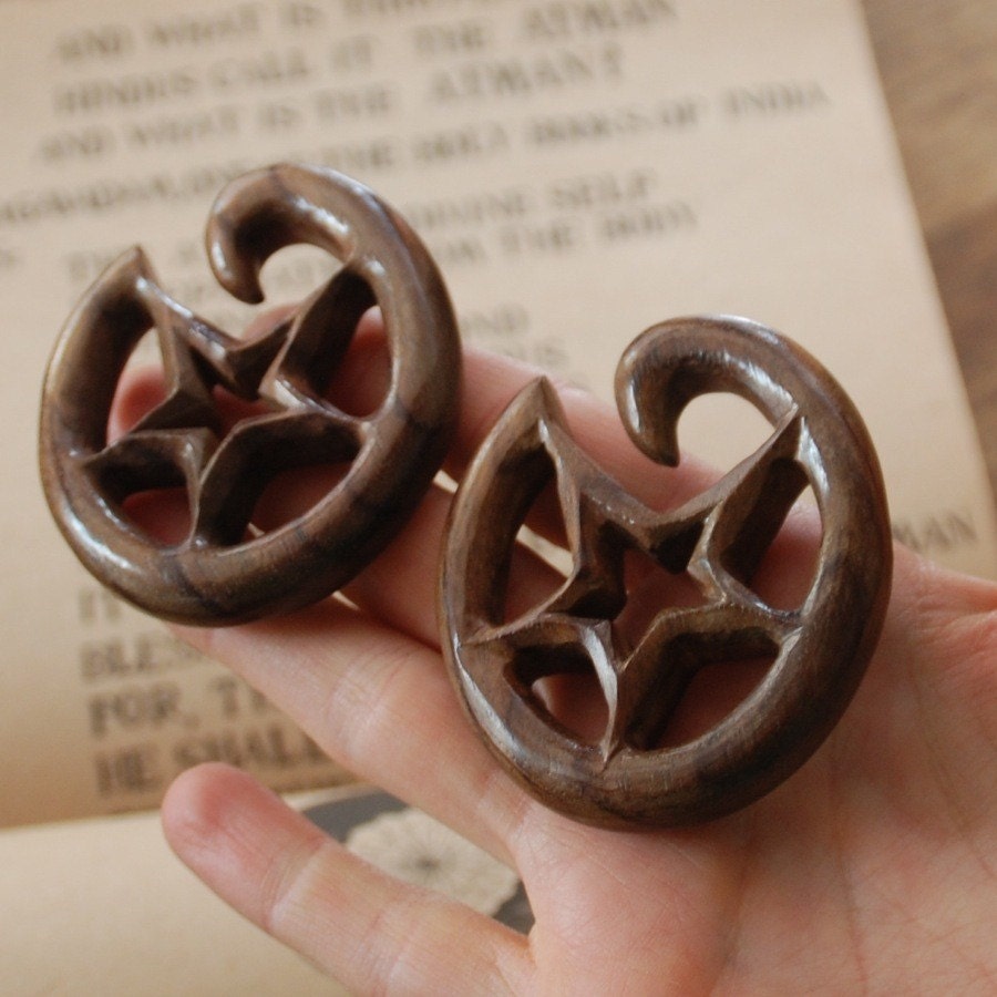 Wooden Star Hoop Gauges – Carved Wood Earrings