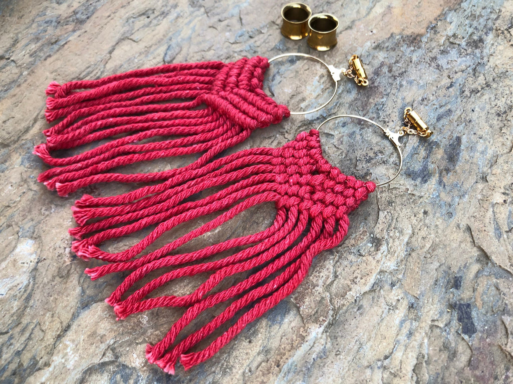 Red Macramé Magnetic Clasp Gauged Earrings