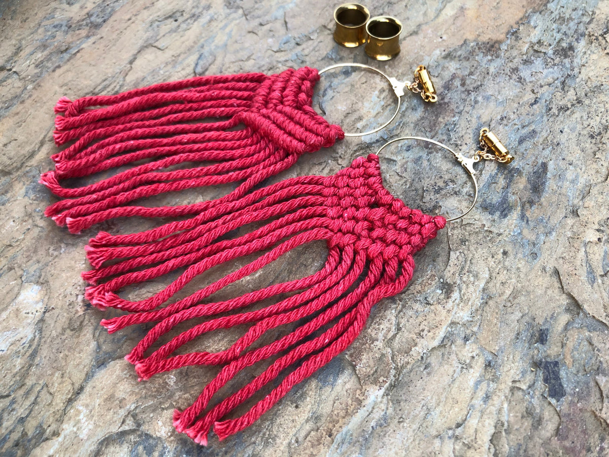 Red Macramé Magnetic Clasp Gauged Earrings