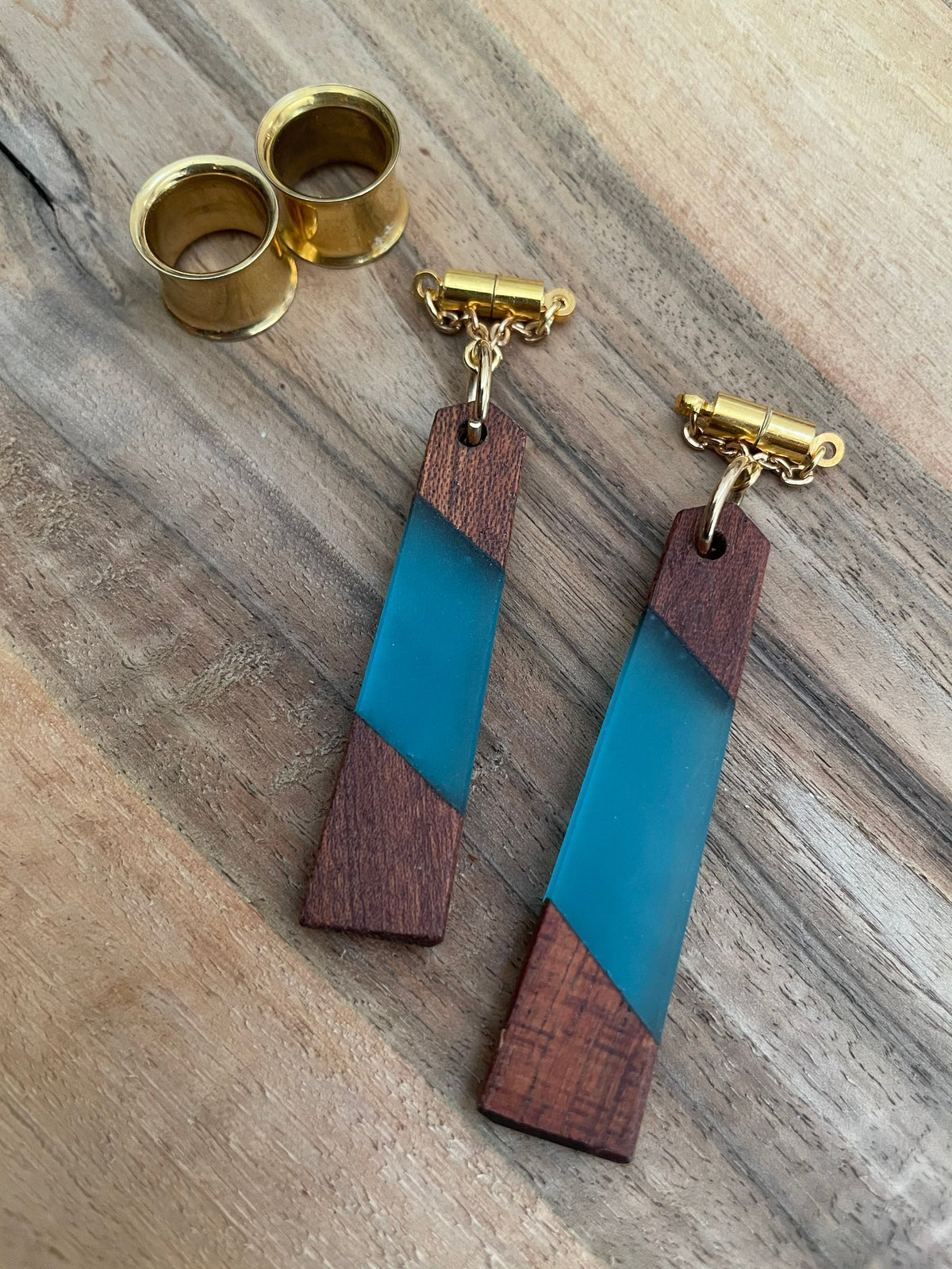 Teal Wood & Resin Magnetic Clasp Gauged Earrings