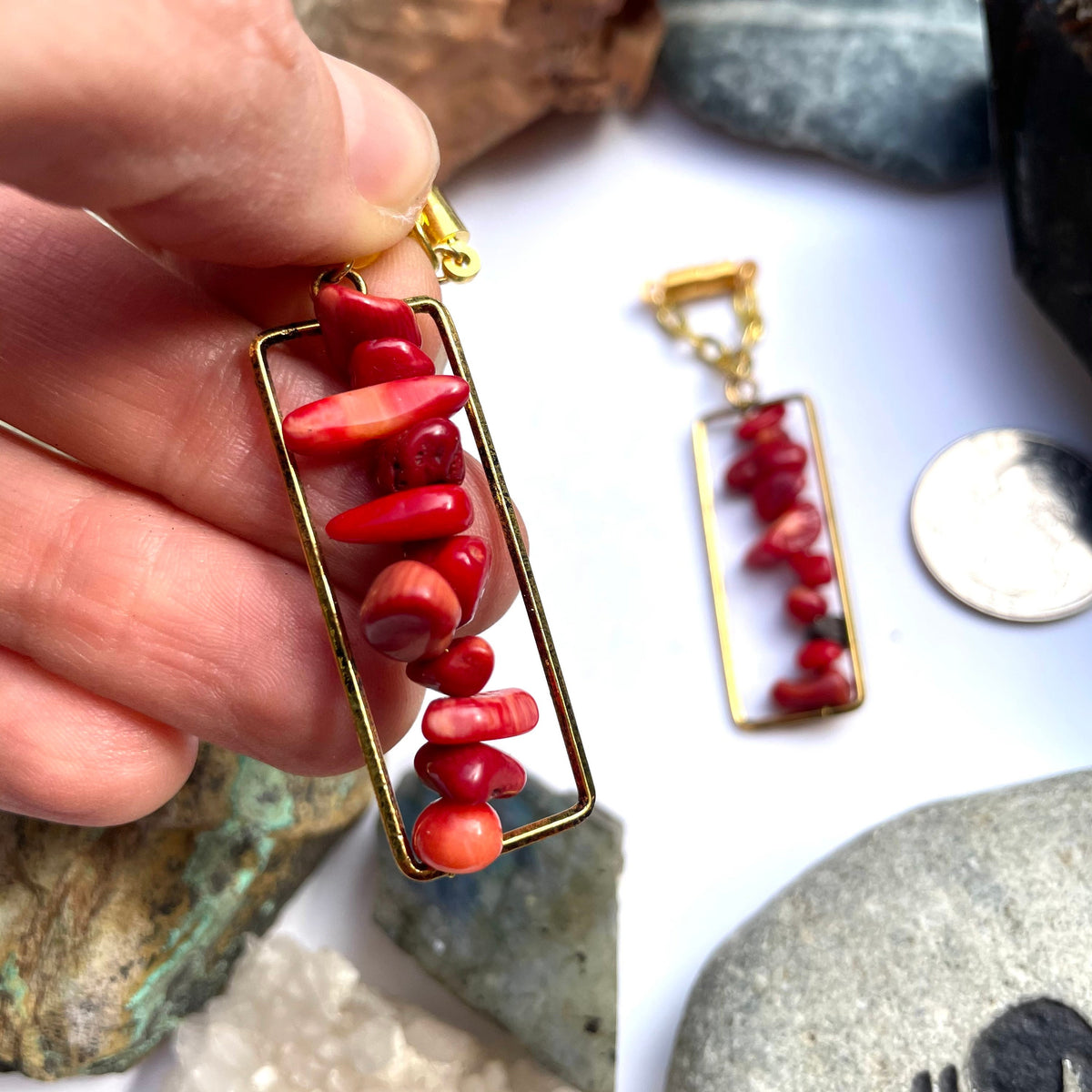 Brass & Coral Magnetic Clasp Gauged Earrings