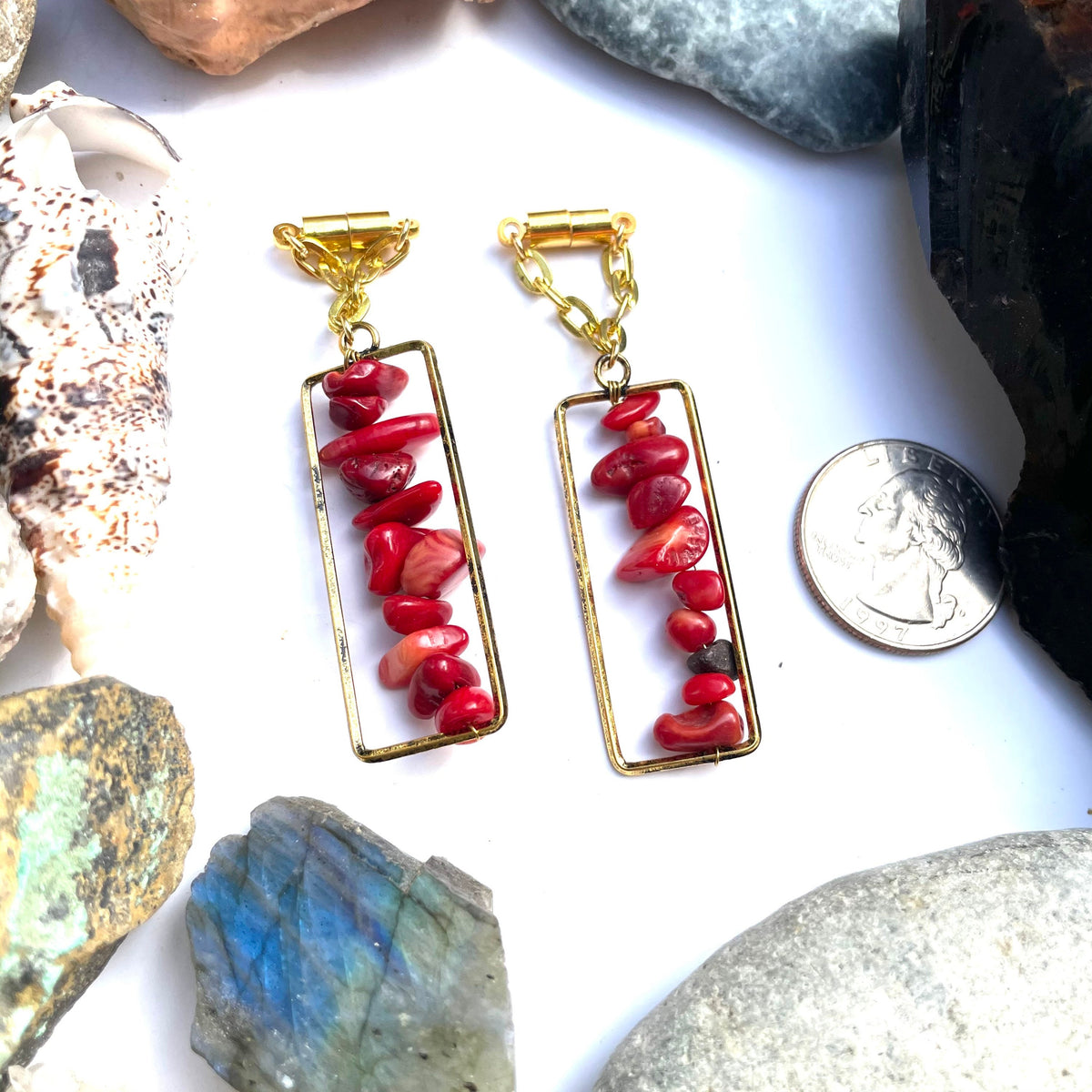Brass & Coral Magnetic Clasp Gauged Earrings
