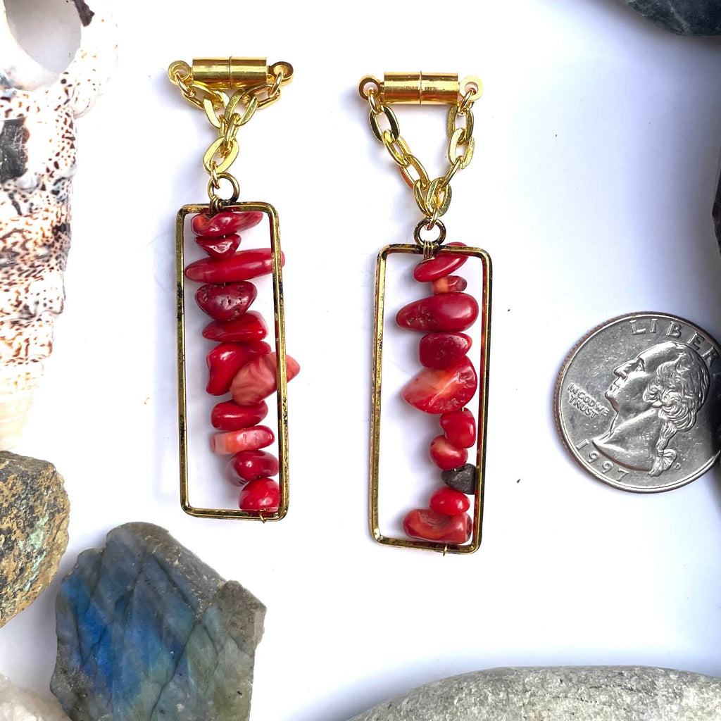 Brass & Coral Magnetic Clasp Gauged Earrings