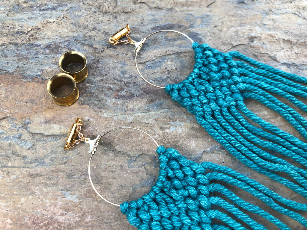 Teal Macramé Magnetic Clasp Gauged Earrings