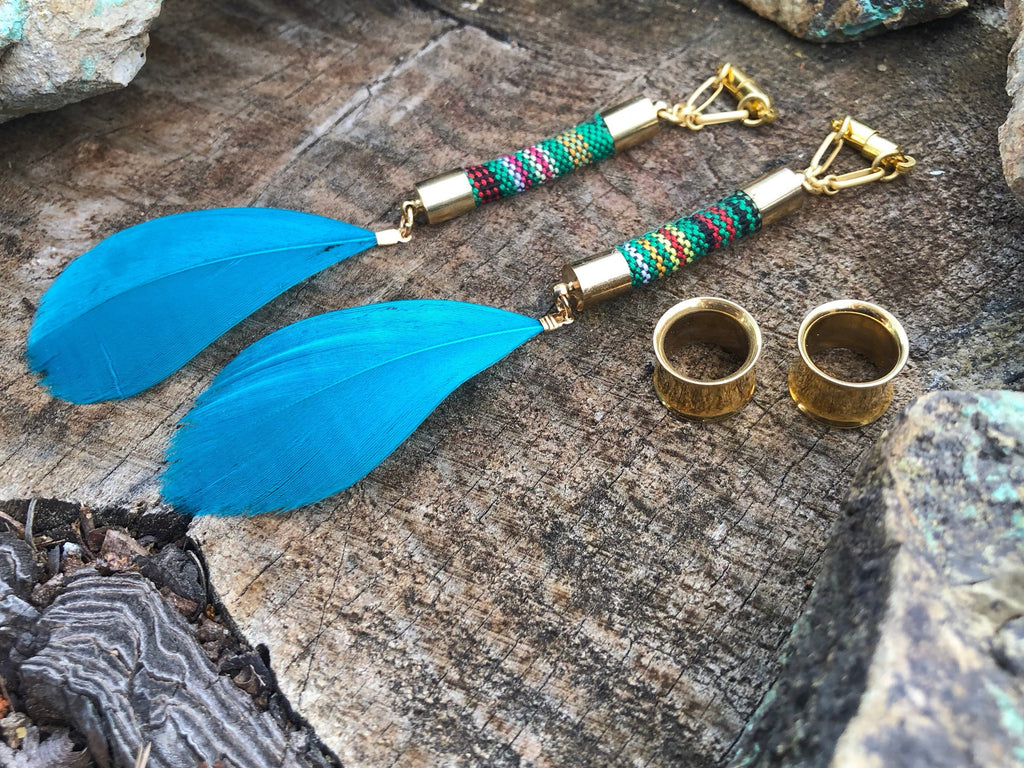 Teal Feather Magnetic Clasp Gauged Earrings