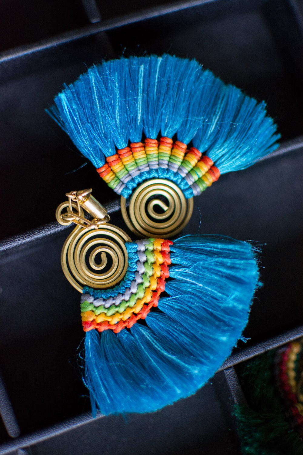 Blue or Purple Fan Tassel Magnetic Clasp Gauged Earrings