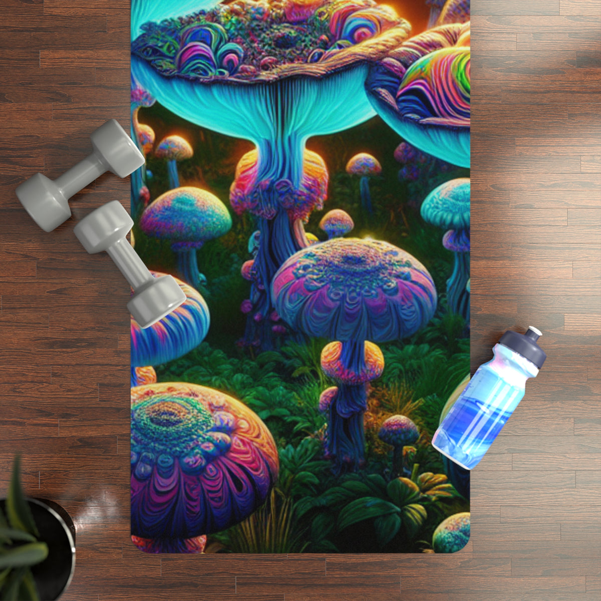 Psychedelic Mushroom Field Rubber Yoga Mat — Vibrant Fantasy Non-Slip Mat