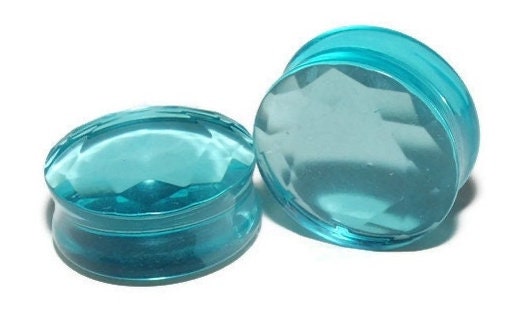 Aquamarine Blue Faceted Glass Plugs – Double Flared