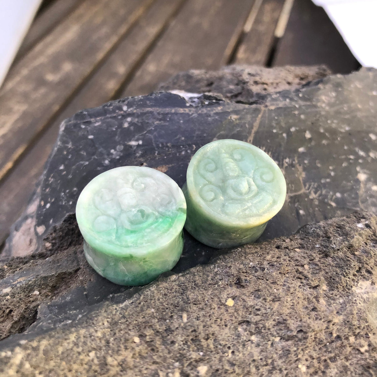 OOAK Carved Buddha Jadeite Plugs – 7/8" (22mm)