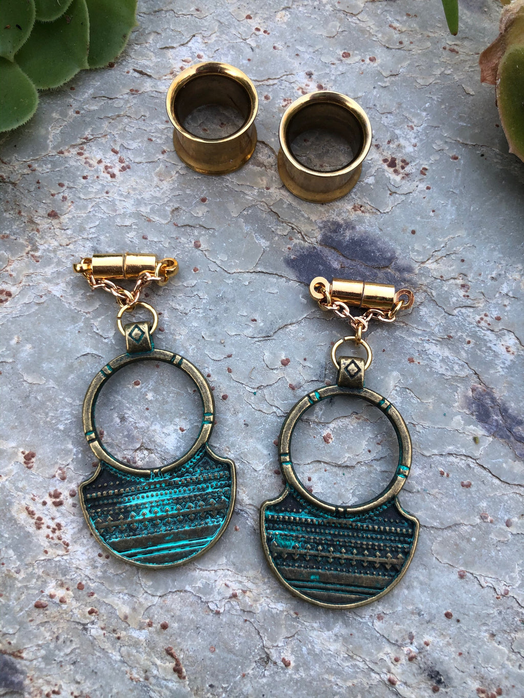 Patina Brass Magnetic Clasp Gauged Earrings