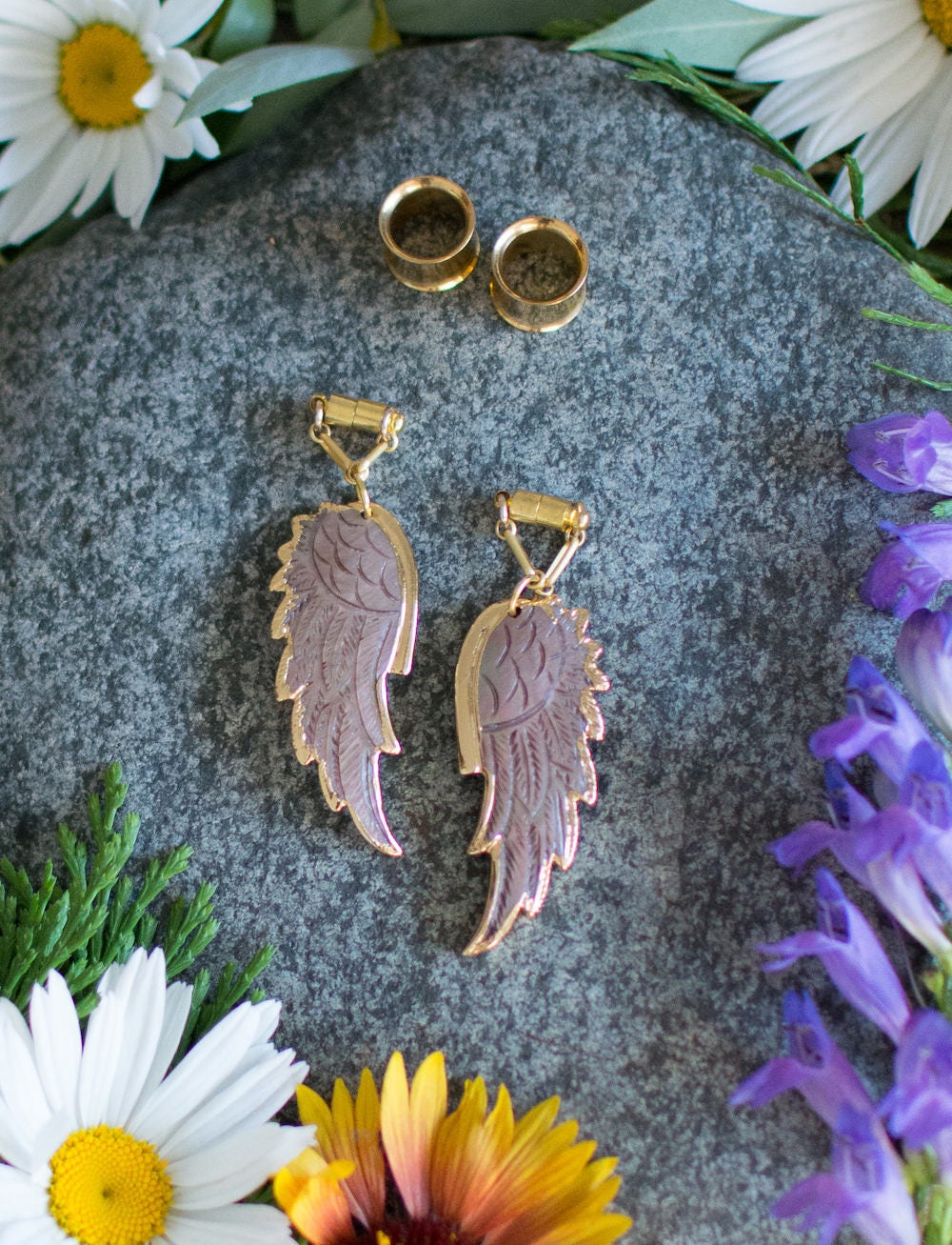 Pink Shell Angel Wing Magnetic Clasp Gauged Earrings