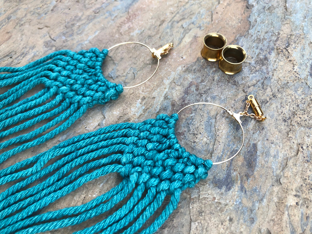 Teal Macramé Magnetic Clasp Gauged Earrings