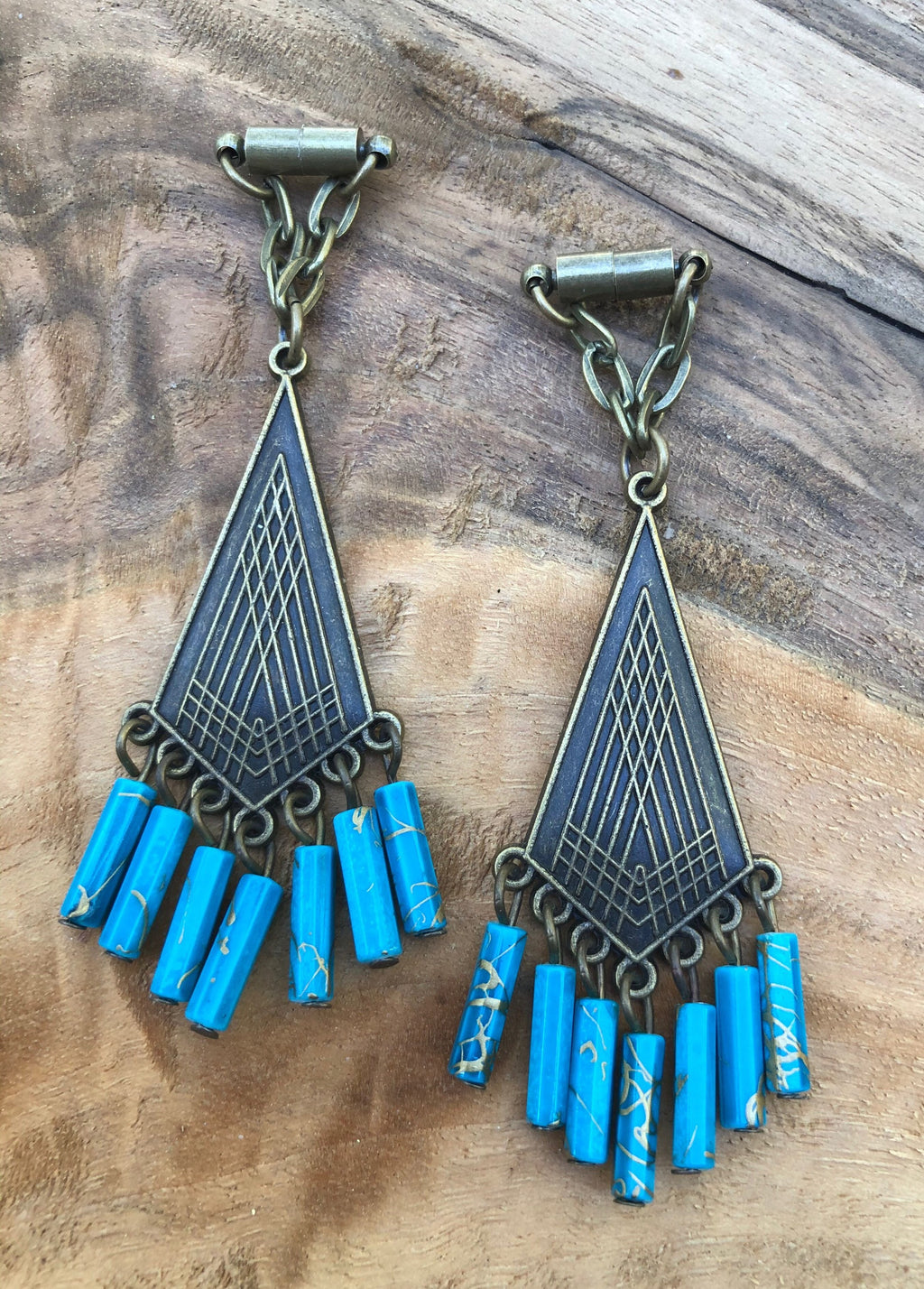 Turquoise & Bronze Magnetic Clasp Gauged Earrings