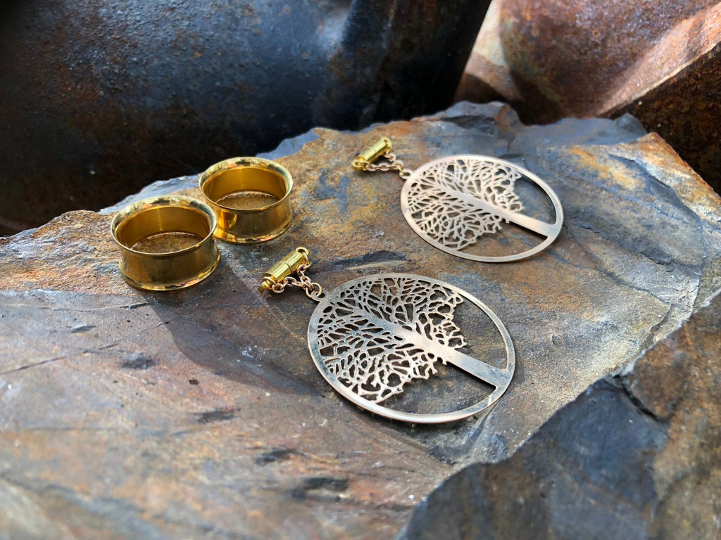 Gold Tree of Life Magnetic Clasp Gauged Earrings
