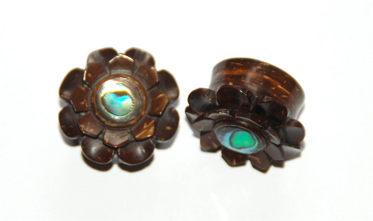 Palm Wood Flower Plugs with Abalone Inlay