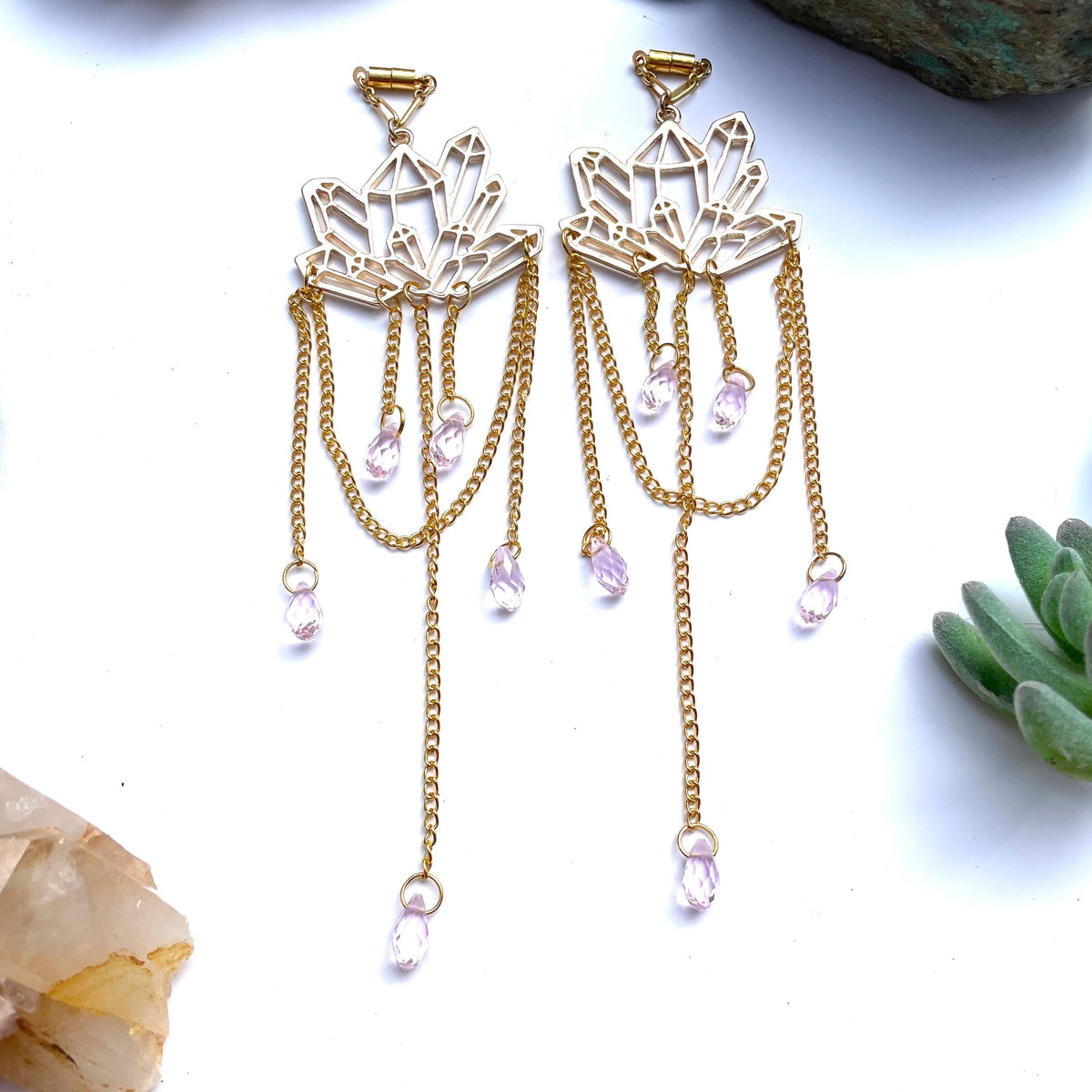 Brass & Crystal Magnetic Clasp Gauged Earrings