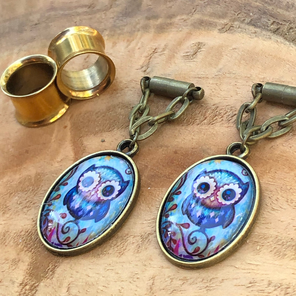Owl Bronze Magnetic Clasp Gauged Earrings
