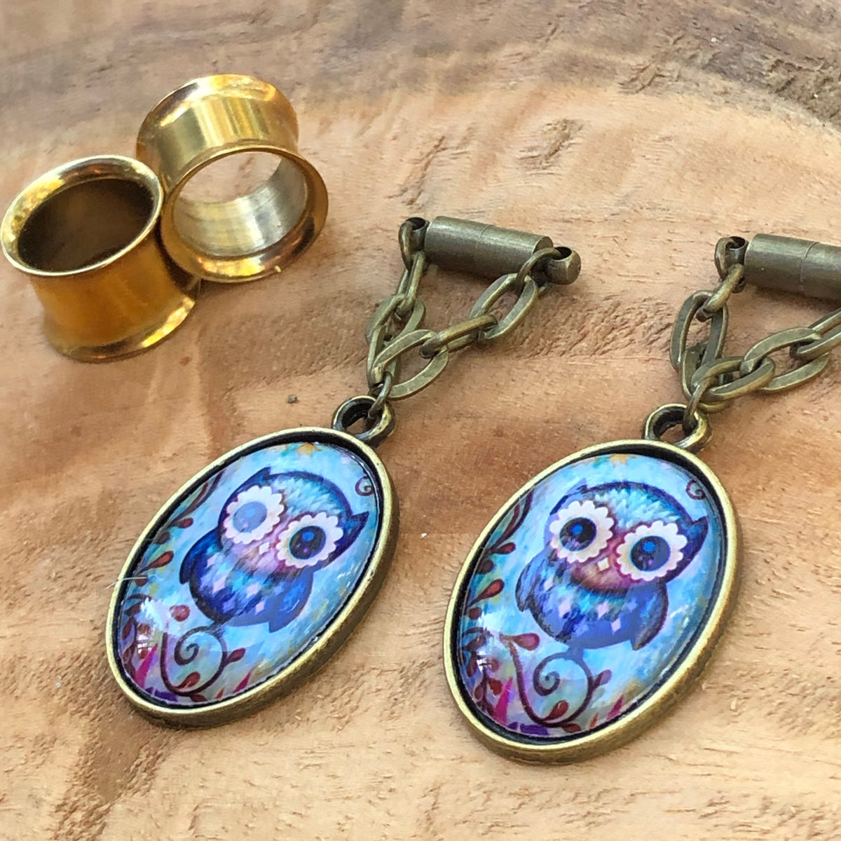 Owl Bronze Magnetic Clasp Gauged Earrings