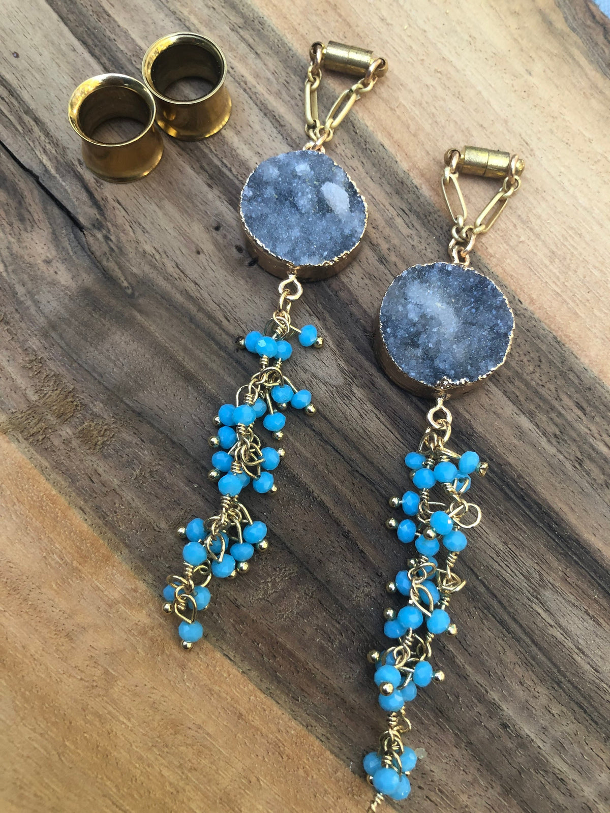 Gray Druzy & Blue Bead Magnetic Clasp Earrings