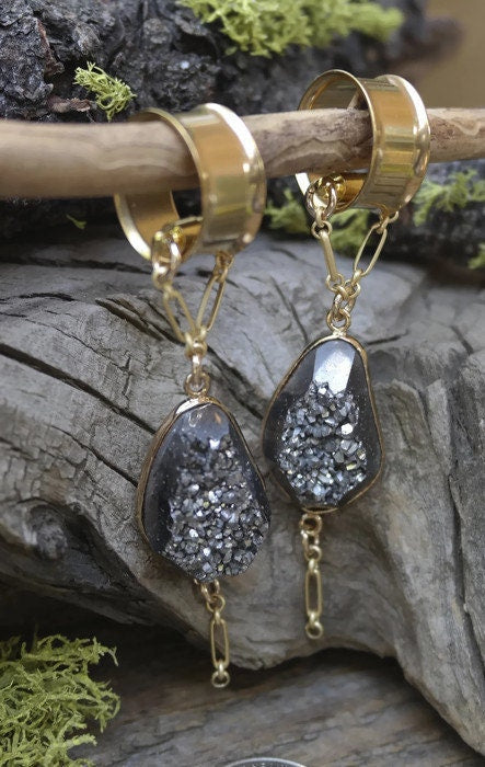 Black Druzy Magnetic Clasp Gauged Earrings