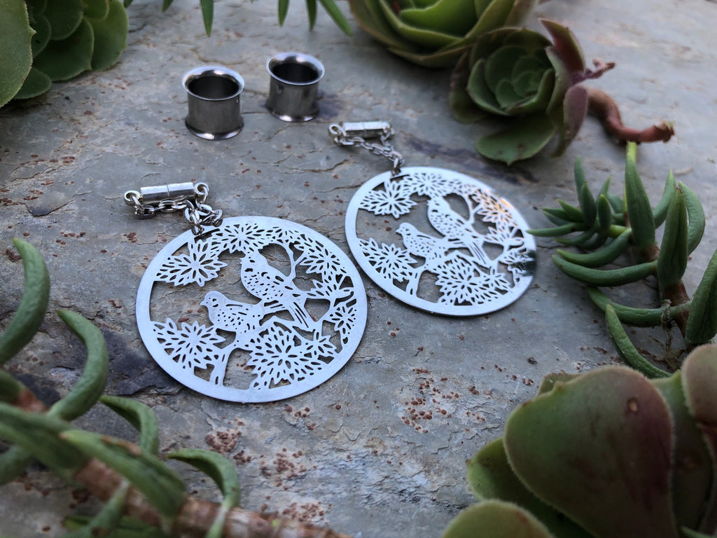 Laser-Cut Bird Magnetic Clasp Gauged Earrings