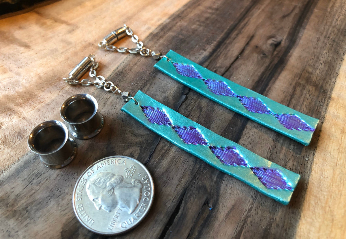 Teal Leather Feather Magnetic Clasp Gauged Earrings