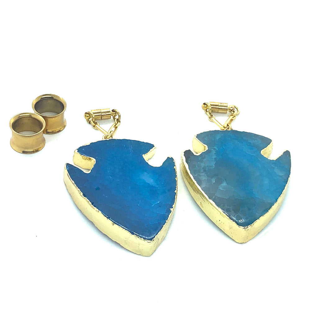 Blue Agate Arrowhead Magnetic Clasp Gauged Earrings