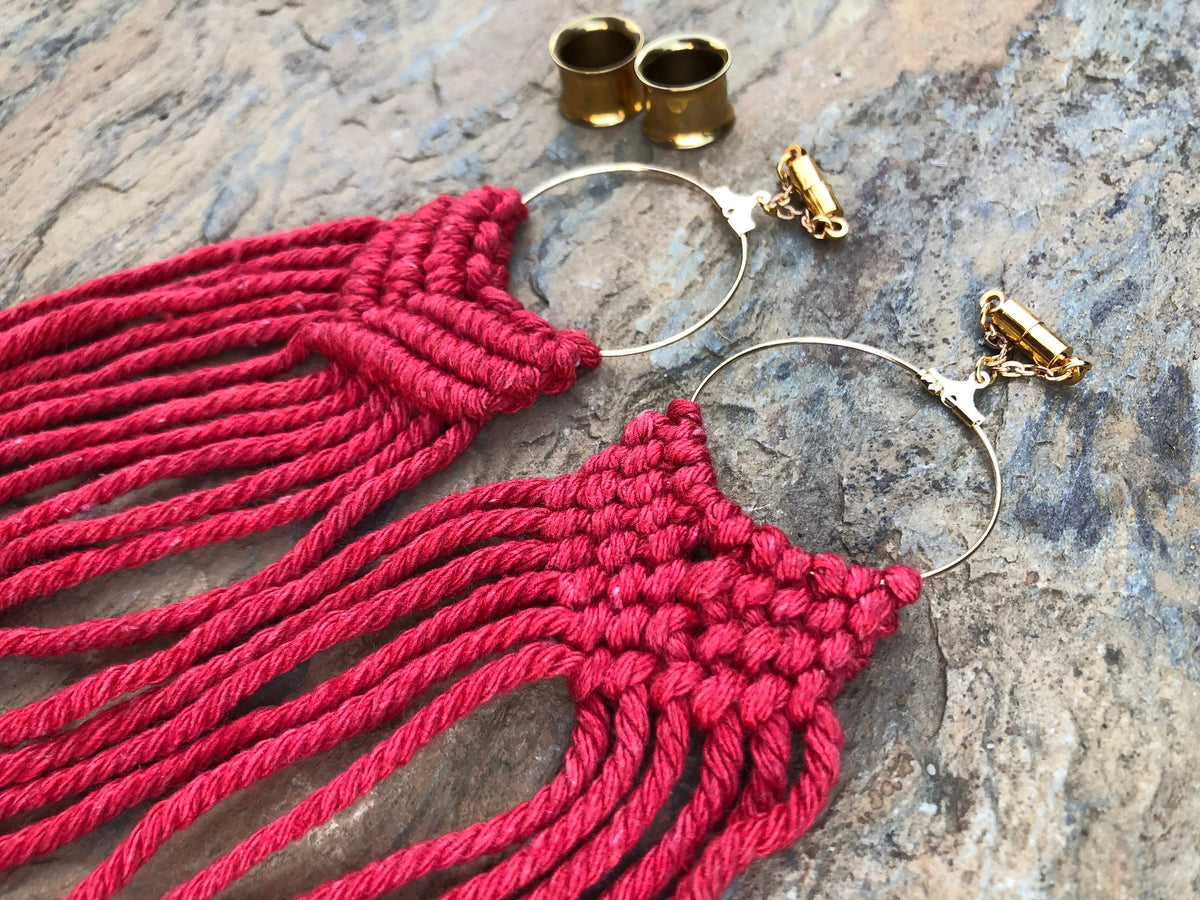 Red Macramé Magnetic Clasp Gauged Earrings
