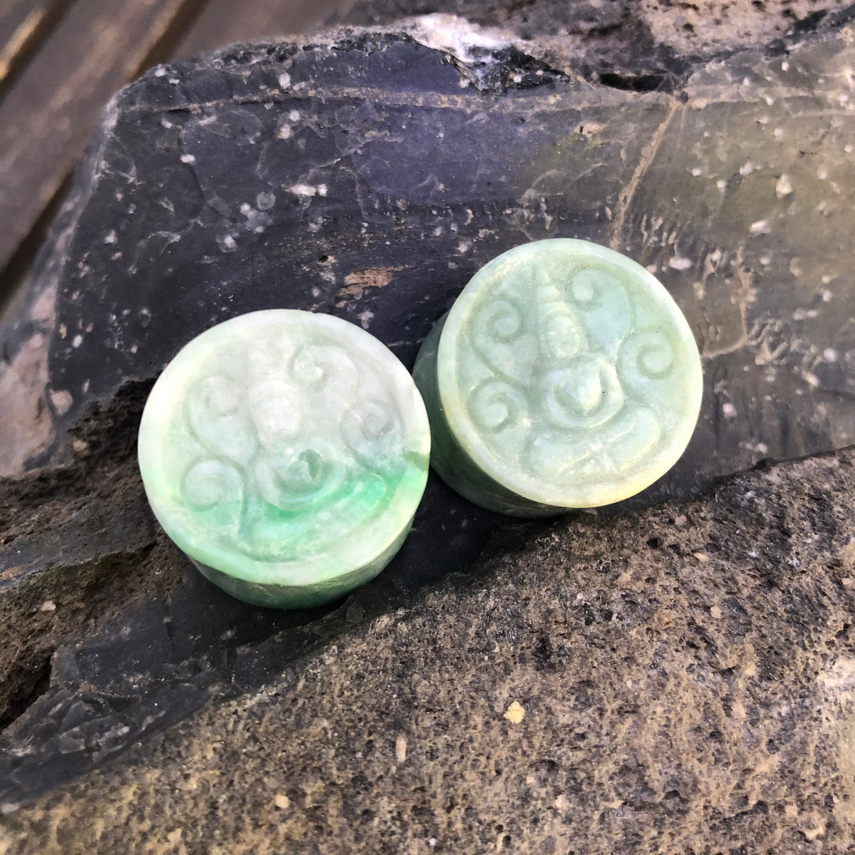 OOAK Carved Buddha Jadeite Plugs – 7/8" (22mm)