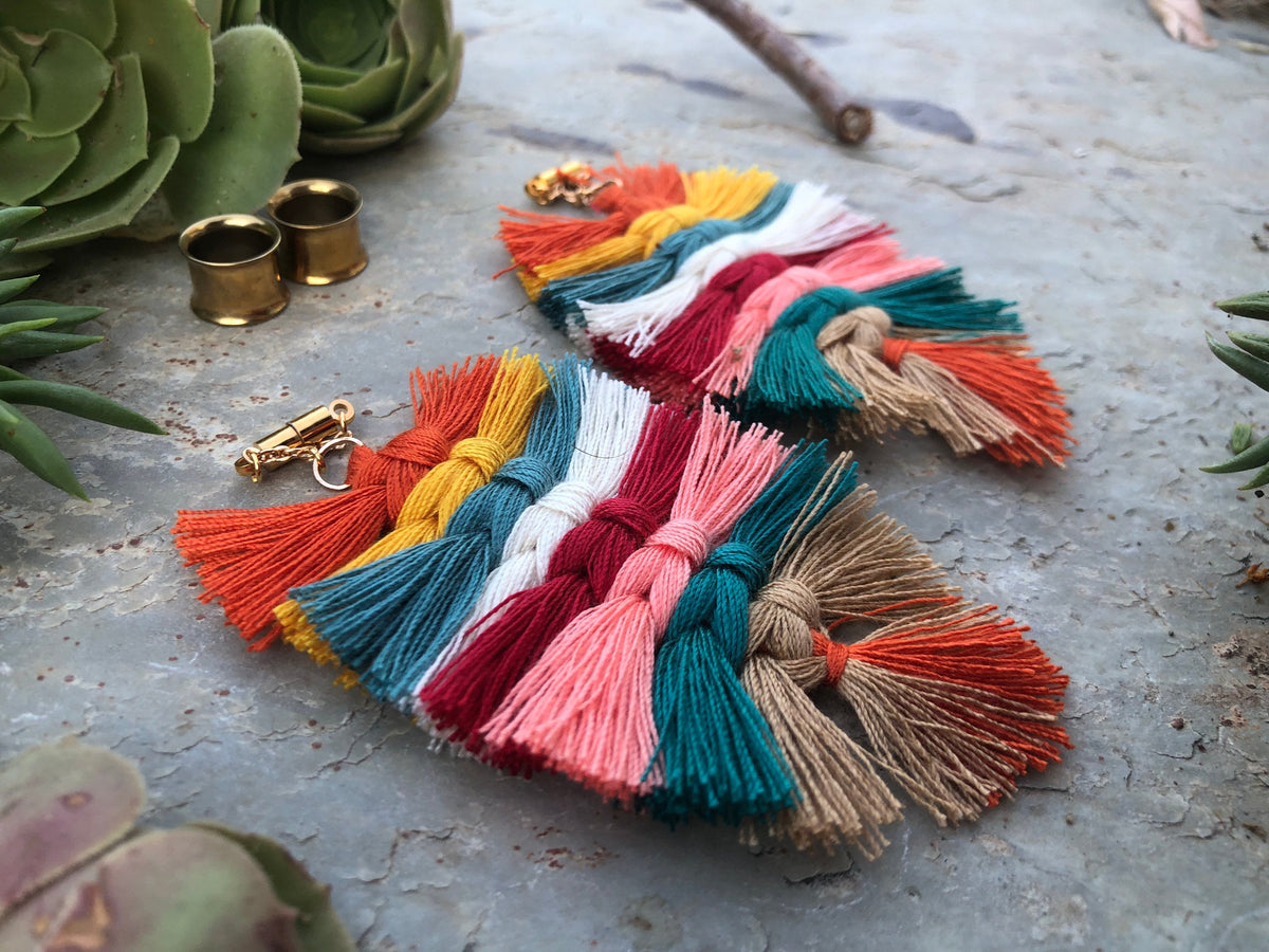 Multicolor Tassel Magnetic Clasp Gauged Earrings