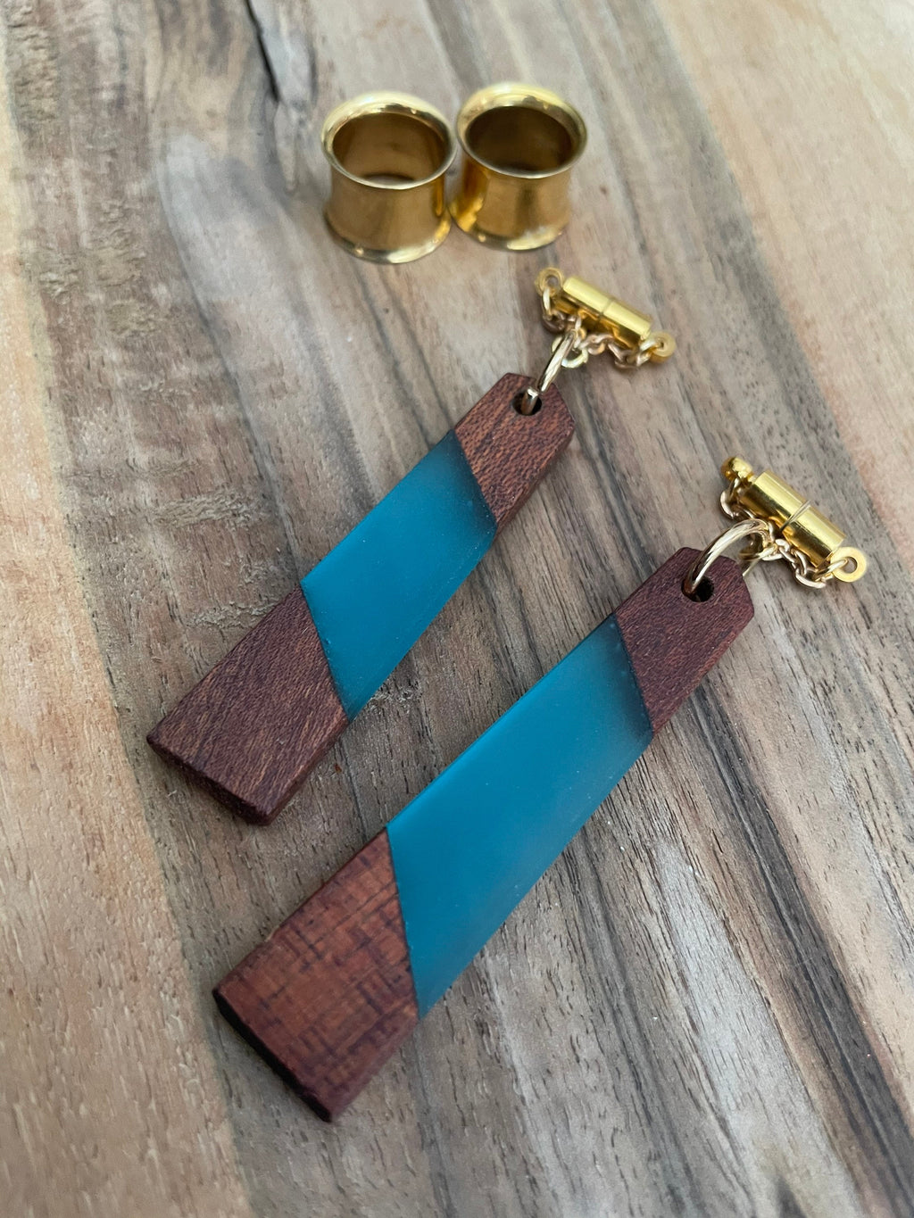 Teal Wood & Resin Magnetic Clasp Gauged Earrings