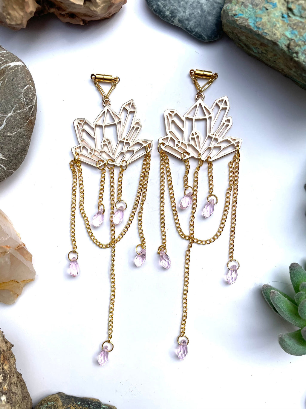 Brass & Crystal Magnetic Clasp Gauged Earrings