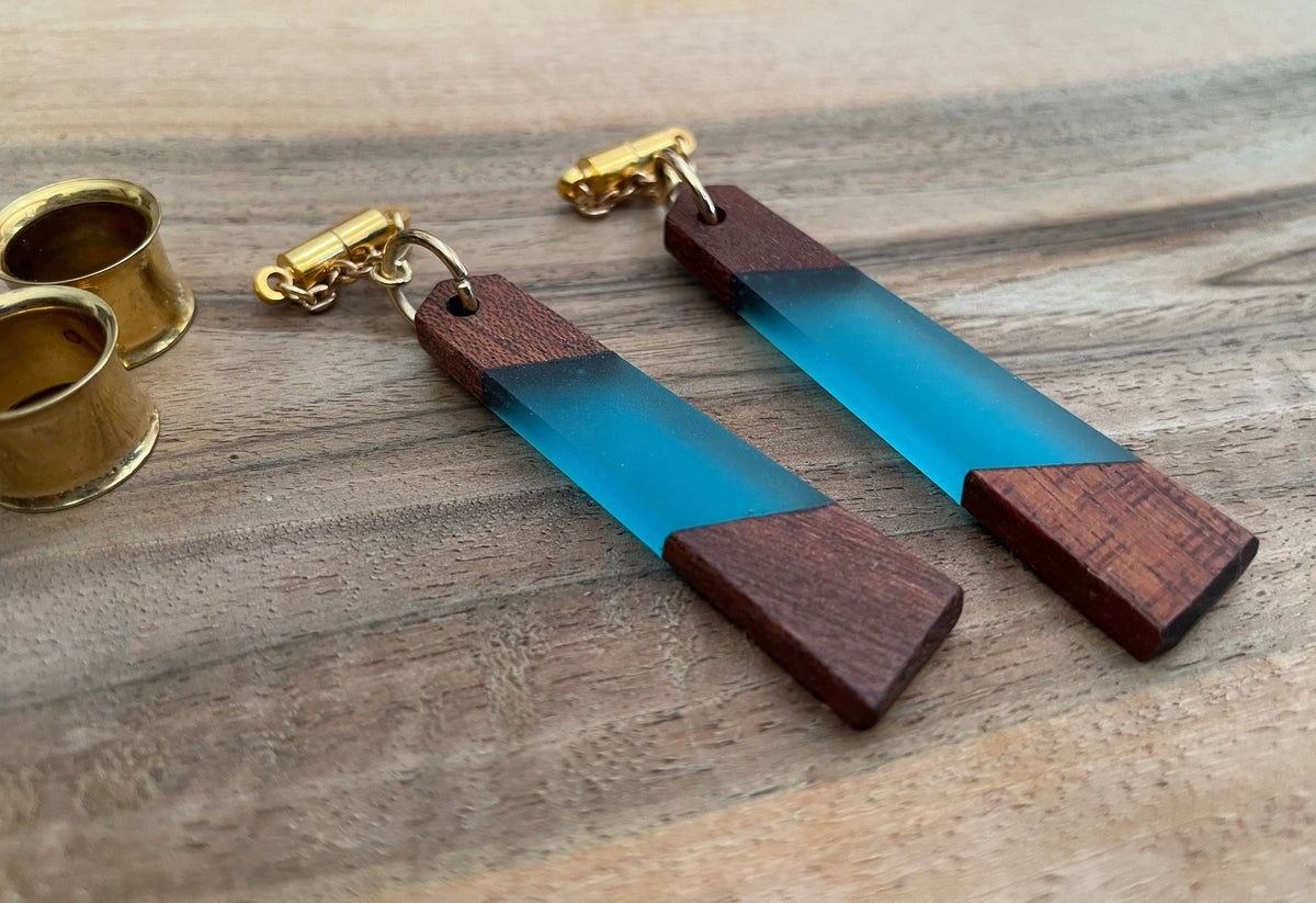 Teal Wood & Resin Magnetic Clasp Gauged Earrings