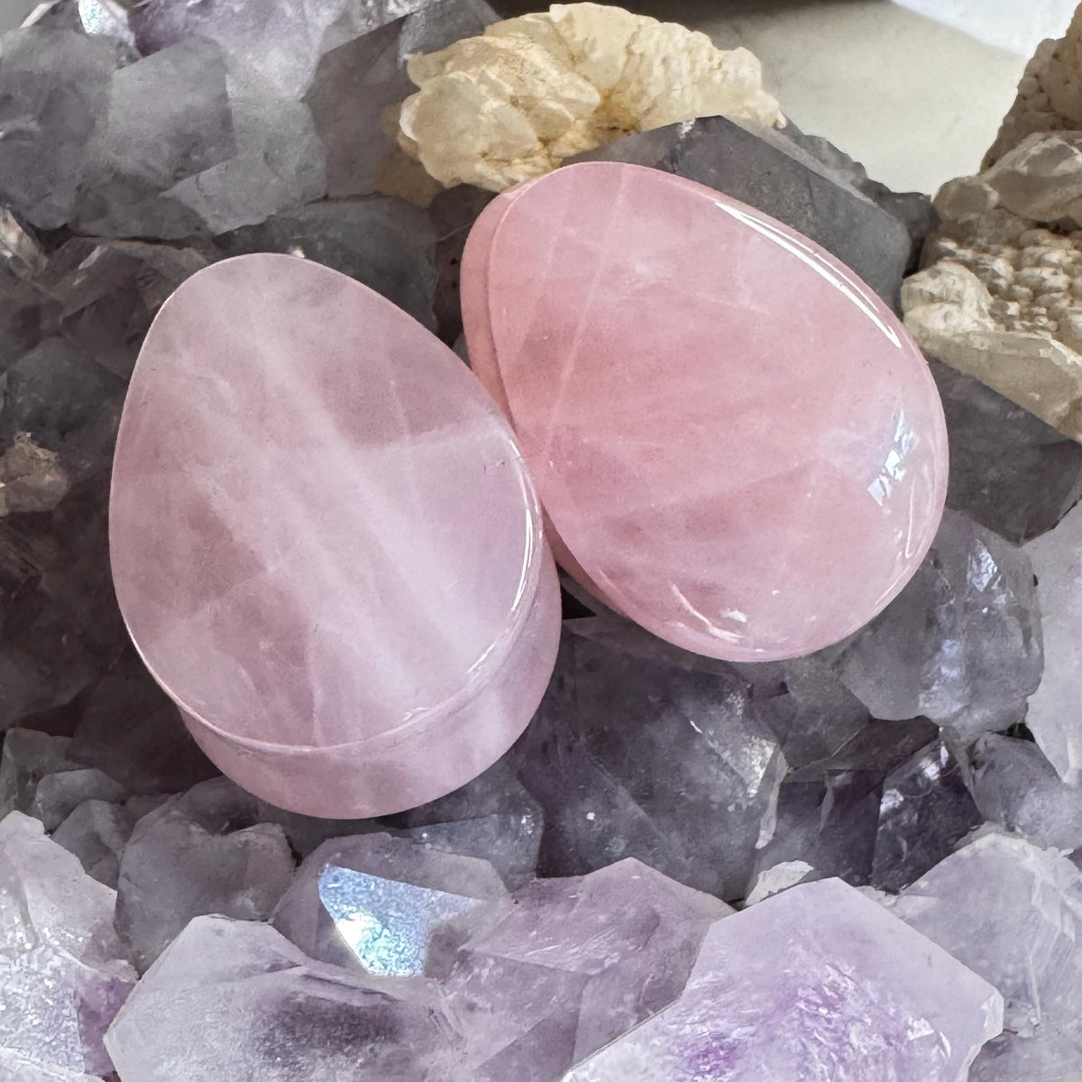 OOAK Pale Pink Rose Quartz Teardrop Plugs – 1" (25mm)