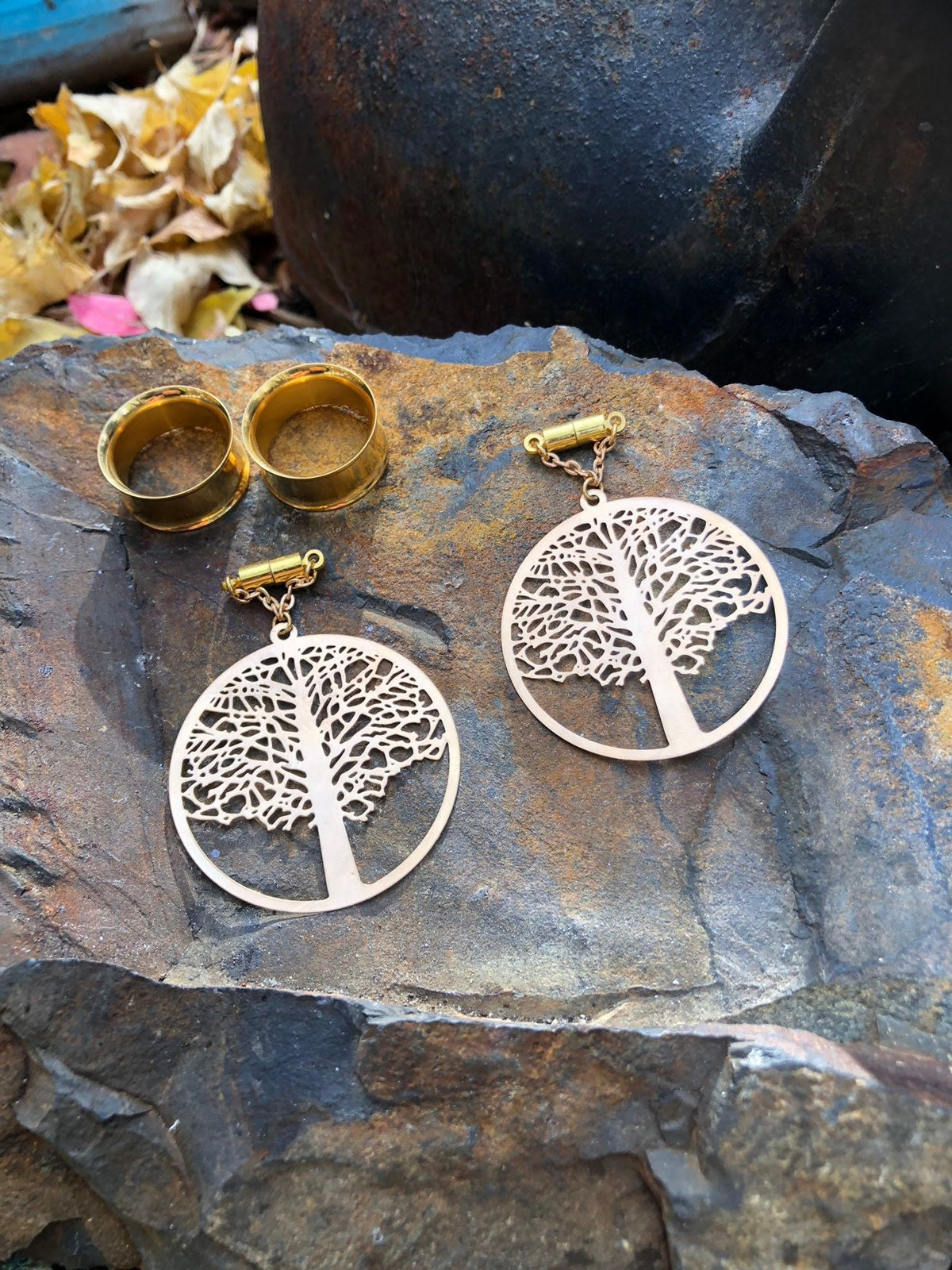 Gold Tree of Life Magnetic Clasp Gauged Earrings