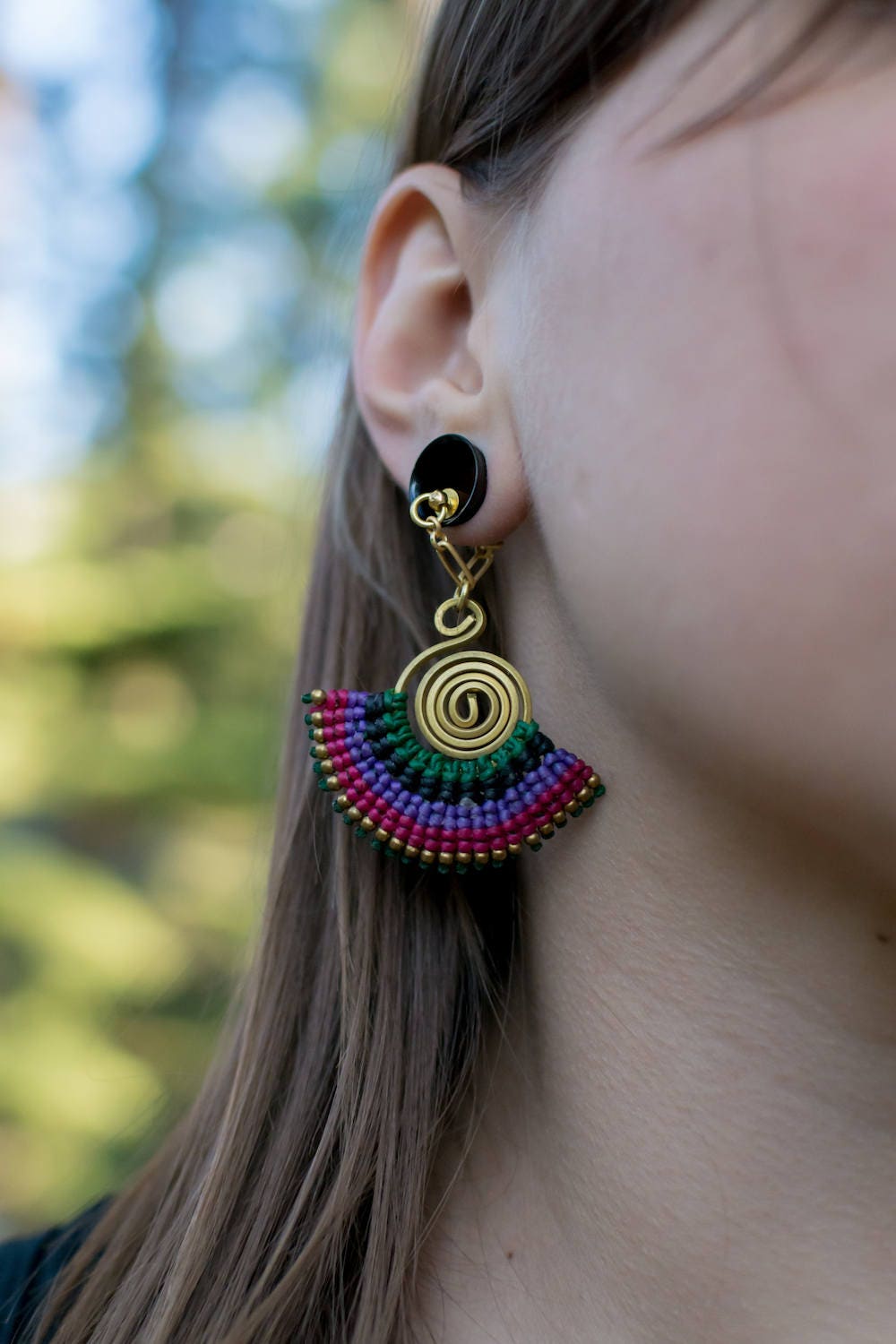 Wire & Macramé Magnetic Clasp Gauged Earrings