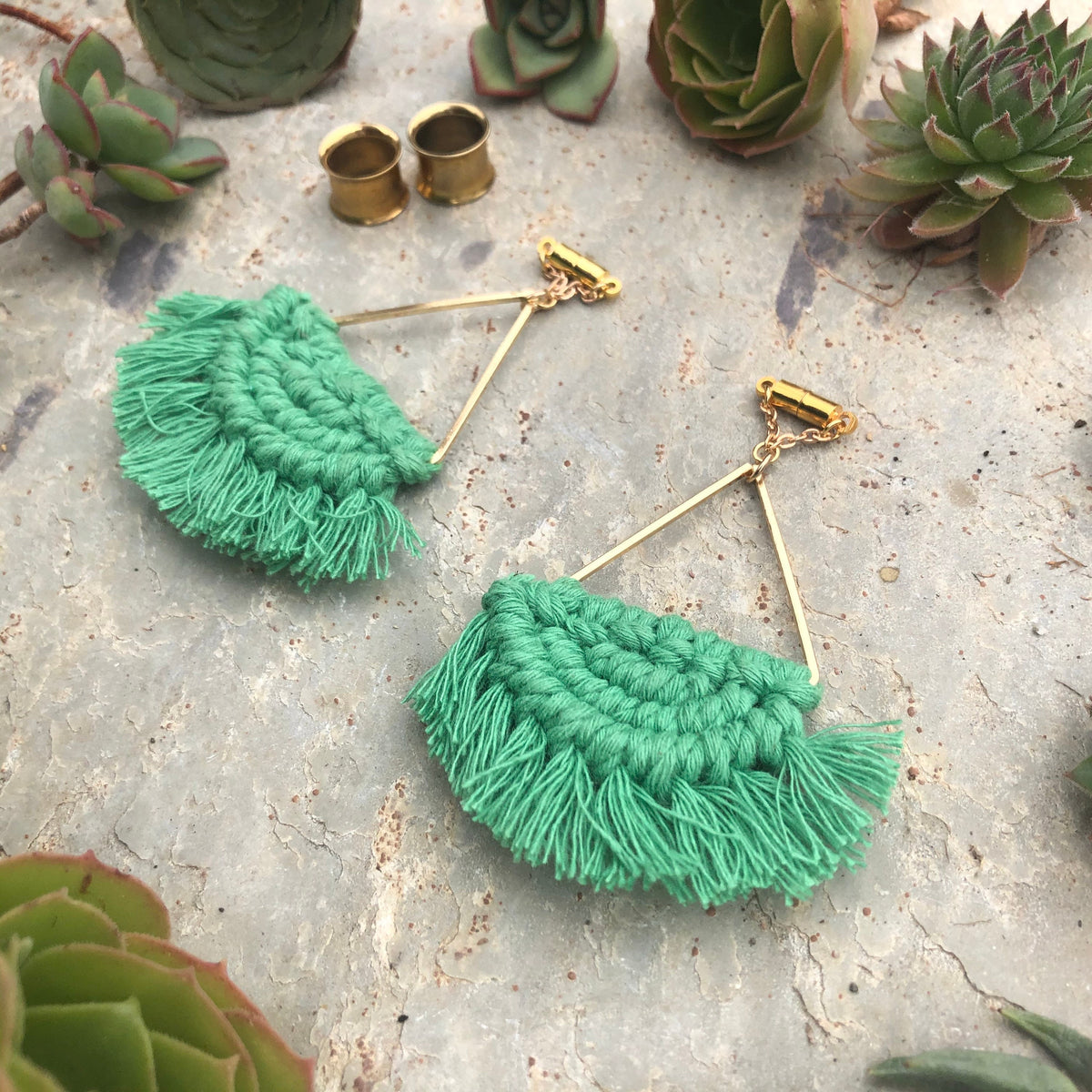 Green Macramé Tassel Magnetic Clasp Gauged Earrings