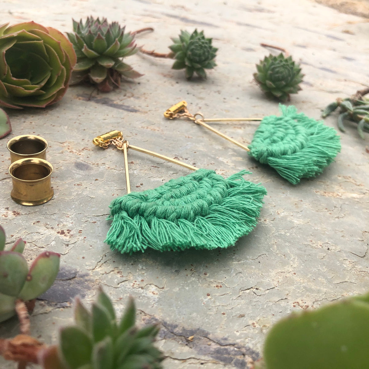 Green Macramé Tassel Magnetic Clasp Gauged Earrings