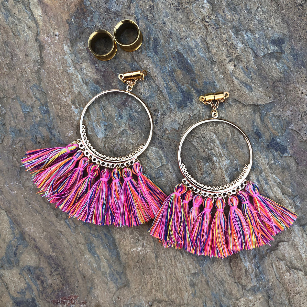 Pink Tassel Chandelier Magnetic Clasp Gauged Earrings