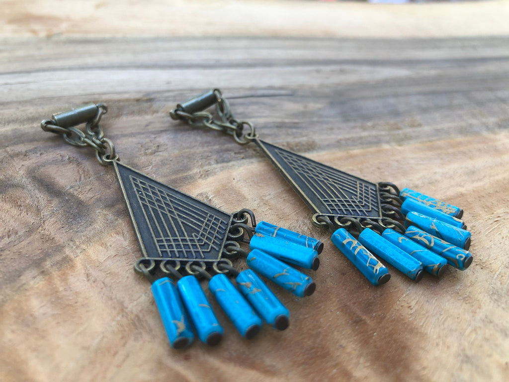 Turquoise & Bronze Magnetic Clasp Gauged Earrings