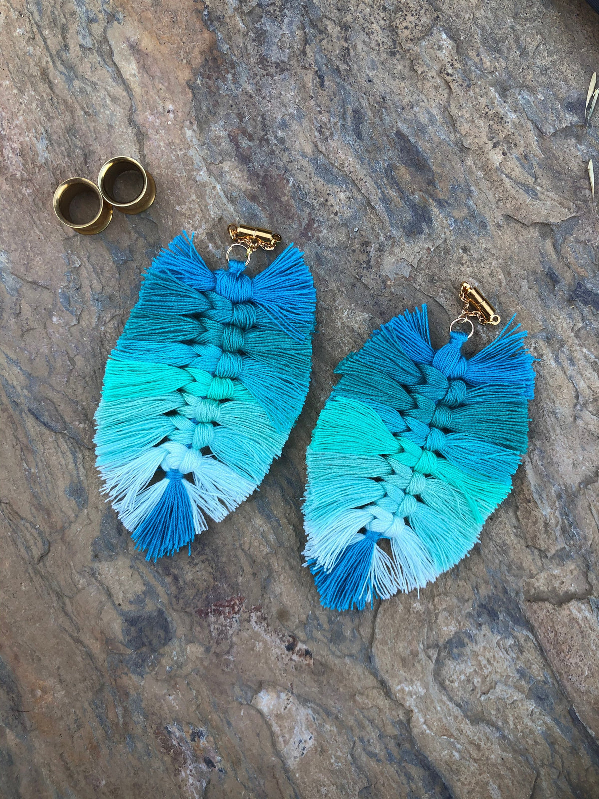 Blue Multicolor Tassel Magnetic Clasp Gauged Earrings