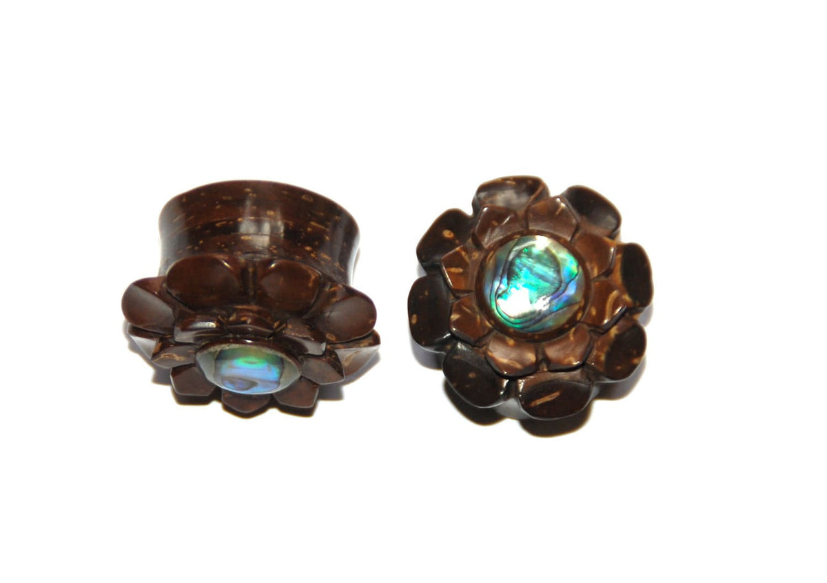 Palm Wood Flower Plugs with Abalone Inlay
